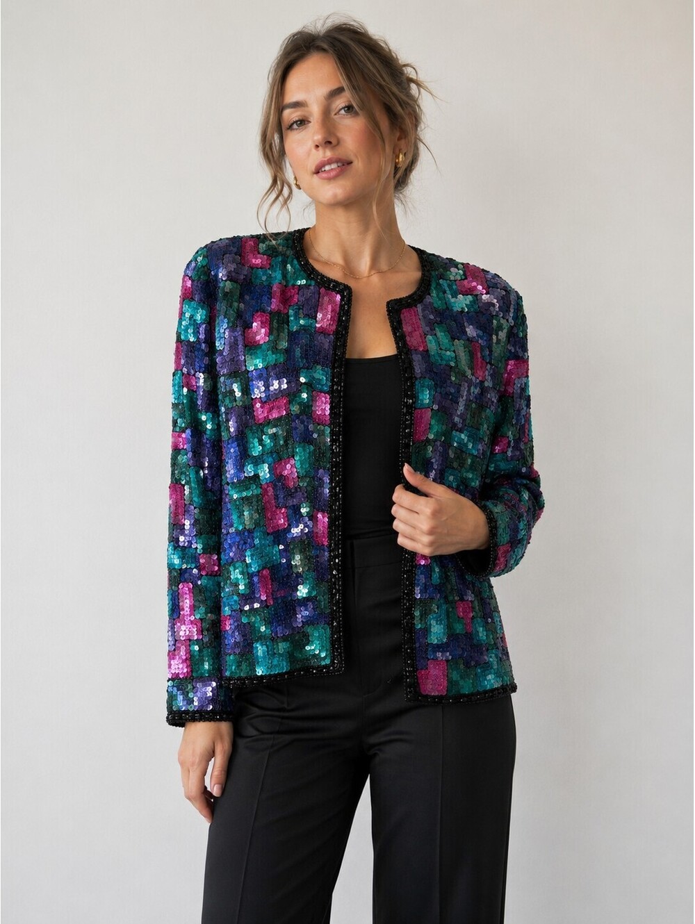 Vintage Laurence Kazar Sequin Silk Jacket Women Multicolor Beaded Art Deco PL